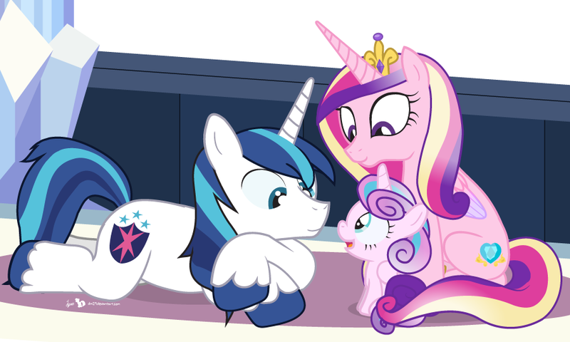 Size: 900x540 | Tagged: safe, artist:dm29, derpibooru import, princess cadance, princess flurry heart, shining armor, alicorn, pony, unicorn, spoiler:s06, cute, eye contact, female, flurrybetes, julian yeo is trying to murder us, looking at each other, male, mare, open mouth, prone, sitting, smiling, stallion, trio