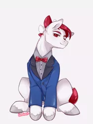 Size: 900x1200 | Tagged: safe, artist:lemonheart, derpibooru import, oc, unofficial characters only, earth pony, pony, bedroom eyes, bowtie, clothes, male, simple background, sitting, solo, stallion, tuxedo