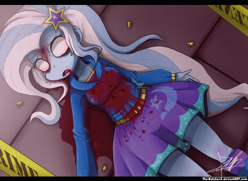 Size: 1102x803 | Tagged: grimdark, artist:the-butch-x, derpibooru import, trixie, equestria girls, abuse, blood, bullet, clothes, corpse, crime scene, dead, female, gunshot, head shot, murder, solo, trixiebuse