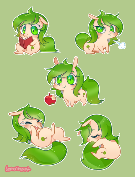 Size: 700x920 | Tagged: safe, artist:lemonheart, derpibooru import, oc, unofficial characters only, earth pony, pony, apple, book, chibi, eyes closed, food, looking at you, on back, reading, simple background, sitting, sleeping, solo