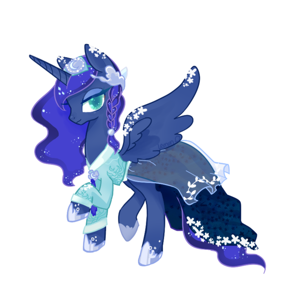 Size: 800x800 | Tagged: alternate hairstyle, artist:lemonheart, clothes, derpibooru import, dress, hanbok, looking at you, princess luna, raised hoof, safe, simple background, solo, transparent background