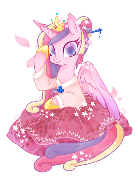 Size: 600x800 | Tagged: alternate hairstyle, artist:lemonheart, clothes, derpibooru import, hairpin, hanbok, looking at you, princess cadance, raised hoof, safe, simple background, solo, transparent background