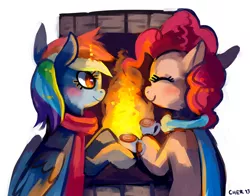 Size: 1280x1006 | Tagged: safe, artist:cherivinca, derpibooru import, pinkie pie, rainbow dash, chocolate, clothes, female, fireplace, food, hot chocolate, lesbian, pinkiedash, scarf, shipping