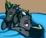 Size: 150x125 | Tagged: artist:graytr, book, changeling, cuddling, cuteling, derpibooru import, green changeling, male, oc, oc:icarys, oc:spotted record, picture for breezies, purple changeling, reading, safe, snuggling, unofficial characters only