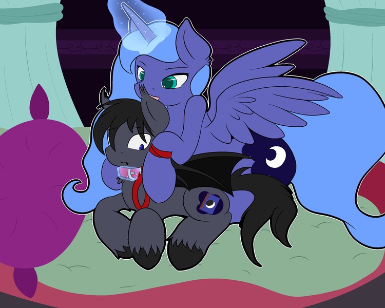 Size: 2500x2000 | Tagged: suggestive, artist:shenhibiki, derpibooru import, princess luna, oc, oc:midnight tales, bat pony, pony, bedroom, canon x oc, collar, leash, pet play, shipping, unshorn fetlocks