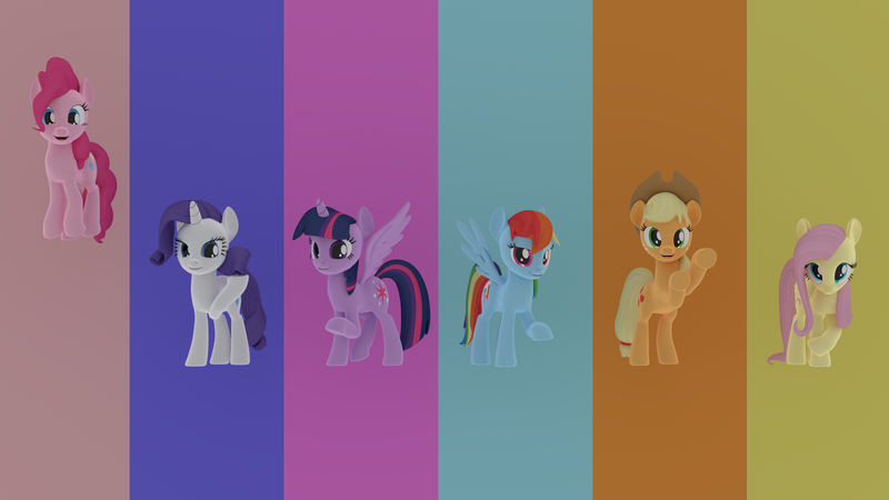 Size: 1920x1080 | Tagged: safe, artist:storm-flash, derpibooru import, applejack, fluttershy, pinkie pie, rainbow dash, rarity, twilight sparkle, twilight sparkle (alicorn), alicorn, pony, 3d, blender, female, hop, looking at you, mane six, mare, pose, poster, wallpaper