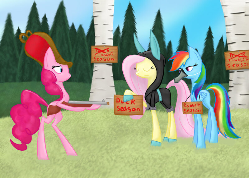 Size: 1023x733 | Tagged: safe, artist:meskitt, derpibooru import, fluttershy, pinkie pie, rainbow dash, earth pony, pegasus, pony, bunny ears, clothes, costume, dangerous mission outfit, duck season rabbit season, elmer fudd, female, gun, hat, hoodie, looney tunes, mare, parody, skinny, weapon