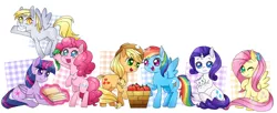 Size: 2303x944 | Tagged: safe, artist:dun, derpibooru import, applejack, derpy hooves, fluttershy, gummy, pinkie pie, rainbow dash, rarity, twilight sparkle, twilight sparkle (alicorn), alicorn, cat, pony, apple, book, bucket, female, food, letter, magic, mane six, mare, mouth hold, telekinesis