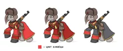 Size: 1200x500 | Tagged: ak-47, artist:cyrilunicorn, assault rifle, clothes, command and conquer, conscript, derpibooru import, greatcoat, gun, hat, ponified, raised hoof, red alert, red alert 3, rifle, russian, safe, simple background, soviet, translated in the description, trio, uniform, ushanka, weapon, white background