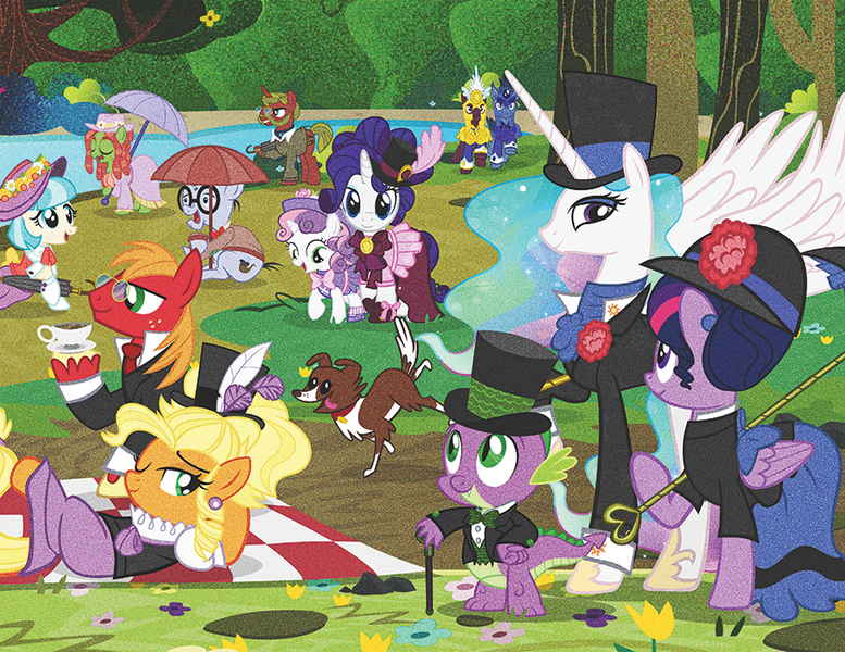 Size: 900x695 | Tagged: safe, artist:pixelkitties, derpibooru import, applejack, big macintosh, coco pommel, mr. waddle, princess celestia, rarity, spike, sweetie belle, tree hugger, twilight sparkle, twilight sparkle (alicorn), winona, alicorn, pony, a sunday afternoon on the island of la grande jatte, alternate hairstyle, applejewel, brony thank you fund, calendar, cane, clothes, female, fine art parody, georges seurat, hat, mare, pointillism, royal guard, top hat, umbrella