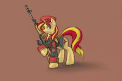 Size: 1800x1200 | Tagged: safe, artist:cyrilunicorn, derpibooru import, sunset shimmer, pony, unicorn, clothes, command and conquer, crossover, cutie mark, dragunov svd, female, gun, hat, hooves, horn, mare, natasha volkova, red alert, red alert 3, red eyes, rifle, simple background, sniper rifle, solo, soviet, soviet shimmer, uniform, video game, weapon