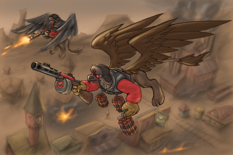 Size: 1800x1200 | Tagged: safe, artist:cyrilunicorn, derpibooru import, ponified, gryphon, air raid, appleloosa, command and conquer, red alert, red alert 3, soviet, video game, weapon