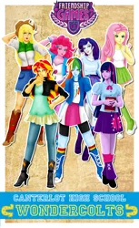 Size: 867x1416 | Tagged: safe, artist:ilicarriedoll, derpibooru import, applejack, fluttershy, pinkie pie, rainbow dash, rarity, sunset shimmer, twilight sparkle, equestria girls, friendship games, boots, clothes, cowboy hat, denim skirt, dress, hat, high heel boots, high heels, humane seven, jacket, pleated skirt, set, shoes, shorts, skirt, socks, stetson, wondercolts