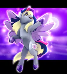 Size: 645x713 | Tagged: safe, artist:gamblingfoxinahat, derpibooru import, derpy hooves, pegasus, pony, alicorn costume, armpits, clothes, costume, fake horn, fake wings, female, mare, nightmare night costume, solo, toilet paper roll, toilet paper roll horn, twilight muffins, wig