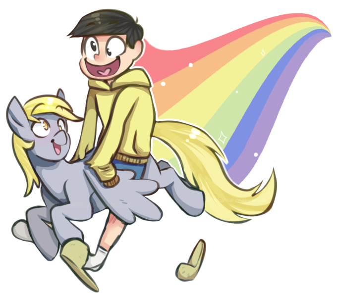 Size: 1000x882 | Tagged: safe, artist:xshadowstar, derpibooru import, derpy hooves, pegasus, pony, crossover, female, flying, humans riding ponies, jyuushimatsu, mare, osomatsu-san