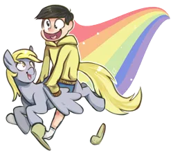 Size: 1000x882 | Tagged: safe, artist:xshadowstar, derpibooru import, derpy hooves, pegasus, pony, crossover, female, flying, humans riding ponies, jyuushimatsu, mare, osomatsu-san