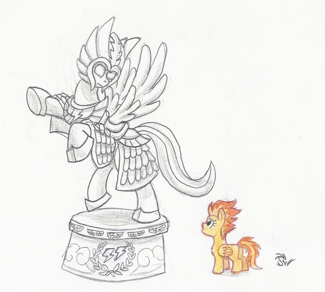 Size: 900x809 | Tagged: artist:sensko, derpibooru import, firefly, g1, g1 to g4, generation leap, partial color, pencil drawing, safe, simple background, spitfire, statue, traditional art, white background, wonderbolts, younger