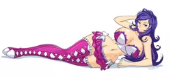 Size: 3000x1373 | Tagged: artist:devil-v, belly button, bimbo, boots, breasts, busty rarity, choker, cleavage, clothes, collar, derpibooru import, draw me like one of your french girls, fall formal outfits, female, frilly top, human, humanized, midriff, miniskirt, rarity, skirt, socks, solo, solo female, suggestive, thigh boots, thigh highs, tube top, zettai ryouiki