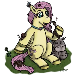 Size: 800x800 | Tagged: accessory, artist:teagigs, braid, butterfly, derpibooru import, fluttershy, folded wings, grass, hippopotamus, ladybug, necklace, safe, simple background, sitting, snail, snake, solo, spider, unshorn fetlocks