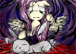 Size: 849x607 | Tagged: semi-grimdark, derpibooru import, angel bunny, fluttershy, pegasus, pony, rabbit, animal, crying, female, imminent death, imminent murder, knife, male, mare, spread wings, this will end in tears, this will end in tears and/or death, unsuspecting