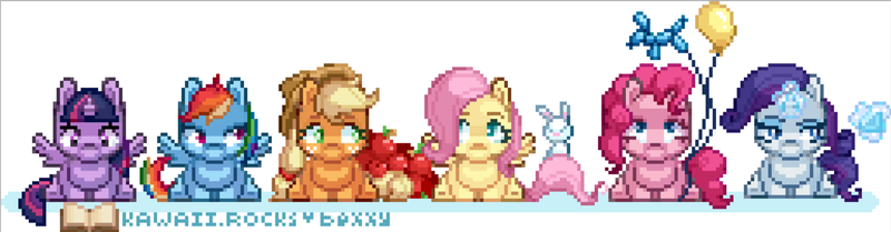 Size: 2310x603 | Tagged: safe, artist:zombie, derpibooru import, applejack, fluttershy, pinkie pie, rainbow dash, rarity, twilight sparkle, twilight sparkle (alicorn), alicorn, pony, mane six, pixel art, wip