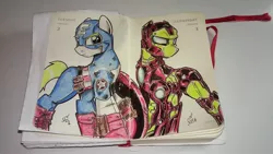 Size: 2304x1296 | Tagged: artist:ponygoddess, captain america, captain equestria, derpibooru import, iron man, marvel comics, ponified, safe, traditional art