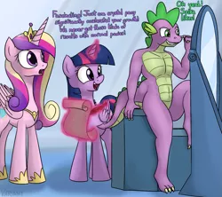 Size: 1417x1261 | Tagged: safe, artist:variant, derpibooru import, princess cadance, spike, twilight sparkle, twilight sparkle (alicorn), alicorn, pony, blushing, dragons eating horses, female, fetish, growth, mare, post-vore, spipred