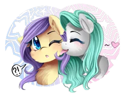 Size: 1450x1100 | Tagged: safe, artist:meotashie, derpibooru import, oc, oc:skye lily, oc:stardust, unofficial characters only, :o, blushing, drool, duo, eyes closed, heart, licking, one eye closed, question mark, tongue out