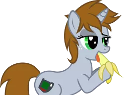 Size: 1641x1258 | Tagged: suggestive, artist:kalas17, artist:outlawedtofu, derpibooru import, oc, oc:littlepip, unofficial characters only, pony, unicorn, fallout equestria, fanfic, banana, bedroom eyes, fanfic art, female, food, freckles, hooves, horn, mare, open mouth, simple background, solo, teasing, tongue out, transparent background