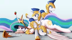 Size: 2000x1125 | Tagged: safe, artist:ncmares, derpibooru import, princess celestia, alicorn, earth pony, pegasus, pony, unicorn, ask majesty incarnate, cake, cakelestia, celestia is not amused, female, food, group, male, mare, mr president get down, royal guard, stallion, strawberry, this will end in tears and/or a journey to the moon, unamused