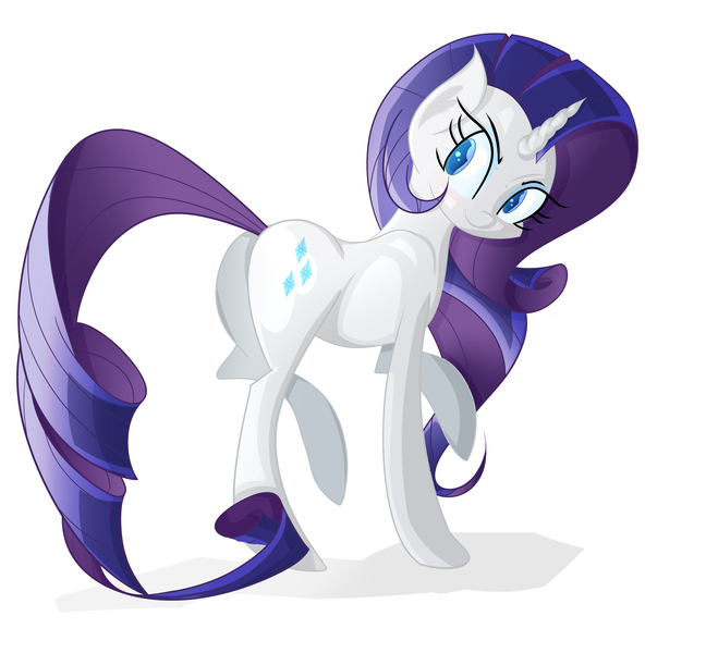 Size: 3400x3150 | Tagged: safe, artist:asimplerarity, derpibooru import, rarity, pony, unicorn, butt, female, looking at you, looking back, looking back at you, mare, plot, simple background, solo, white background