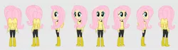 Size: 2678x762 | Tagged: artist:chano-kun, clothes, derpibooru import, fluttershy, human, humanized, leg warmers, off shoulder, safe, solo, sweater, sweatershy, toes, turnaround, winged humanization