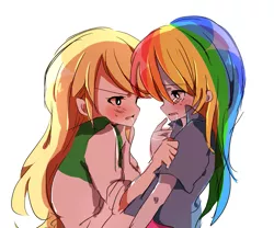 Size: 1017x848 | Tagged: suggestive, artist:lotte, derpibooru import, applejack, rainbow dash, equestria girls, appledash, blushing, crying, drool, drool string, embarrassed, female, humanized, kissing, lesbian, looking at each other, shipping, sloppy kissing, tears of joy