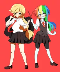 Size: 1024x1235 | Tagged: safe, artist:lotte, derpibooru import, applejack, rainbow dash, equestria girls, clothes, compression shorts, gryffindor, harry potter, implied lesbian, implied shipping, magic wand, necktie, pleated skirt, school uniform, shoes, shorts, skirt