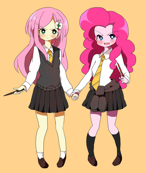 Size: 1023x1208 | Tagged: safe, artist:lotte, derpibooru import, fluttershy, pinkie pie, equestria girls, blushing, clothes, duo, harry potter, holding hands, hufflepuff, looking at you, magic wand, necktie, orange background, pleated skirt, school uniform, shoes, simple background, skirt, socks, sweater, sweater vest