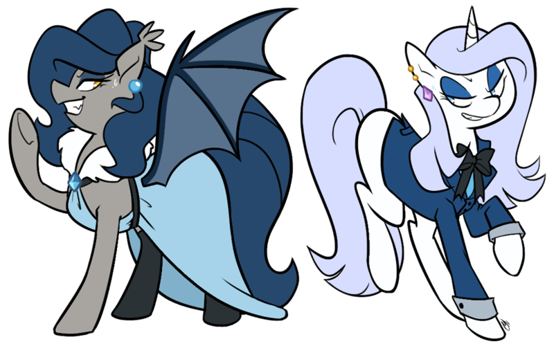 Size: 1038x649 | Tagged: safe, artist:egophiliac, derpibooru import, oc, oc:platinum decree, oc:vibrant vision, unofficial characters only, bat pony, pony, unicorn, clothes, competition, dress, duo, earring, elegant, fabulous, fancy, female, fluffy, grin, looking at each other, mare, piercing, pose, ribbon, rivalry, simple background, socks, suit, sweatdrop, thigh highs, transparent background