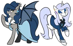 Size: 1038x649 | Tagged: safe, artist:egophiliac, derpibooru import, oc, oc:platinum decree, oc:vibrant vision, unofficial characters only, bat pony, pony, unicorn, clothes, competition, dress, duo, earring, elegant, fabulous, fancy, female, fluffy, grin, looking at each other, mare, piercing, pose, ribbon, rivalry, simple background, socks, suit, sweatdrop, thigh highs, transparent background