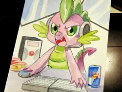 Size: 500x375 | Tagged: safe, artist:jiayi, derpibooru import, spike, dragon, chips, computer, computer mouse, copic, energy drink, food, gamer spike, headphones, keyboard, male, marker drawing, open mouth, photo, red bull, solo, traditional art, video game