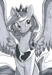 Size: 754x1090 | Tagged: safe, artist:jiayi, derpibooru import, princess luna, alicorn, pony, copic, female, grayscale, mare, marker drawing, monochrome, simple background, solo, spread wings, traditional art, white background