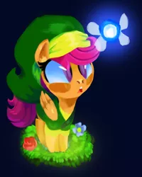 Size: 2400x3000 | Tagged: artist:talonsofwater, black background, crossover, derpibooru import, fairy, flower, link, navi, safe, scootaloo, simple background, solo, the legend of zelda