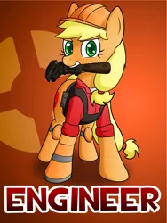 Size: 3000x4000 | Tagged: apple, applejack, artist:10art1, crossover, derpibooru import, engiejack, engineer, food, safe, solo, team fortress 2, wrench