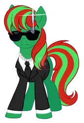 Size: 1600x2338 | Tagged: artist:centchi, derpibooru import, dexterous mane, mares in black, necklace, neuralizer, oc, oc:sony, pearl necklace, safe, solo, sunglasses, unofficial characters only, watermark
