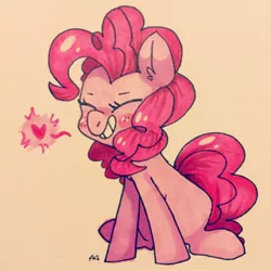 Size: 1280x1280 | Tagged: safe, artist:adroitart, derpibooru import, pinkie pie, earth pony, pony, blushing, cute, diapinkes, ear fluff, eyes closed, female, grin, heart, mare, marker drawing, simple background, smiling, solo, traditional art