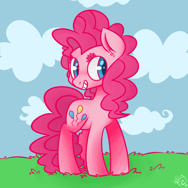 Size: 1280x1280 | Tagged: safe, artist:adroitart, derpibooru import, pinkie pie, cloud, grass, grin, solo