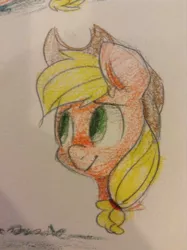 Size: 956x1280 | Tagged: safe, artist:adroitart, derpibooru import, applejack, colored pencil drawing, simple background, solo, traditional art