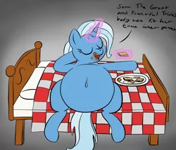 Size: 2800x2400 | Tagged: suggestive, artist:superninja, derpibooru import, trixie, pony, unicorn, bed, belly, belly button, big belly, chubby, crackers, eating, eyes closed, fat, female, food, levitation, magic, mare, messy eating, on back, peanut butter, peanut butter crackers, plate, solo, telekinesis, the great and bountiful trixie