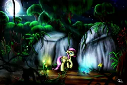 Size: 3000x2000 | Tagged: artist:lightningdasher, curiosity, derpibooru import, everfree forest, exploring, fluttershy, folded wings, forest, full moon, nature, night, raised hoof, safe, scenery, solo, starry night, vine