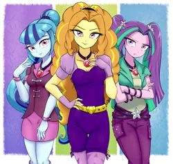 Size: 2605x2469 | Tagged: safe, artist:ryou14, derpibooru import, adagio dazzle, aria blaze, sonata dusk, equestria girls, bedroom eyes, bodysuit, clothes, crossed arms, cute, female, frown, gem, hairband, hand on hip, looking at you, pants, ponytail, shirt, siren gem, skirt, smiling, sonatabetes, the dazzlings