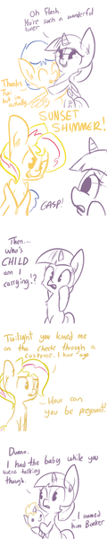 Size: 792x3960 | Tagged: safe, artist:tjpones, derpibooru import, flash sentry, sunset shimmer, twilight sparkle, twilight sparkle (alicorn), oc, oc:booker, alicorn, pony, baby, baby pony, book, book thief arc, clothes, comic, costume, female, flashlight, gasp, hug, implied childbirth, implied kissing, implied pregnancy, lesbian, magical lesbian spawn, male, mare, offspring, ponysuit, shipping, straight, sunsetsparkle, that pony sure does love books, wat, what a twist