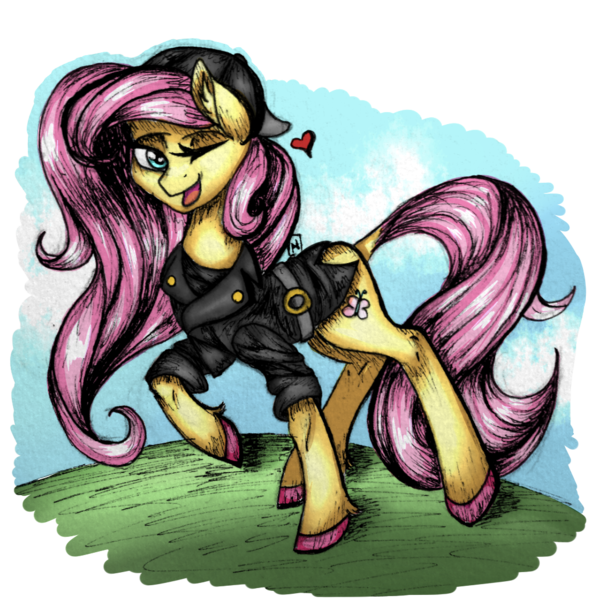 Size: 1054x1054 | Tagged: artist:amous-anona, backwards ballcap, clothes, derpibooru import, fluttershy, hat, heart, jacket, looking at you, raised hoof, safe, solo, standing, wink